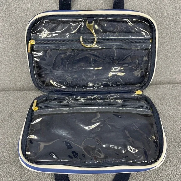 Tory Burch Cosmetic Bag Travel Toiletry Organizer Blue White Stripe Fruit Print - Picture 12 of 16